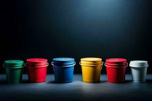 a row of colorful buckets on a dark background. AI-Generated photo