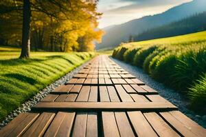 a wooden path in the middle of a field. AI-Generated photo