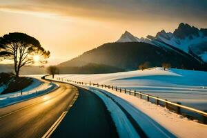 a road in the snow with mountains in the background. AI-Generated photo