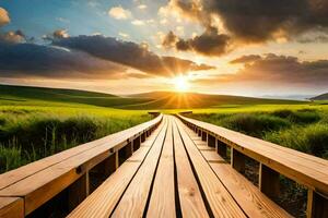 the sun rises over the wooden bridge. AI-Generated photo