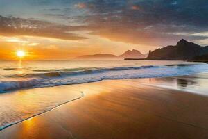 el Dom conjuntos terminado un playa y montañas. generado por ai foto