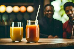 two men sitting at a table with orange juice and juice. AI-Generated photo