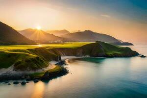 the sun rises over the ocean and the hills in this beautiful landscape. AI-Generated photo