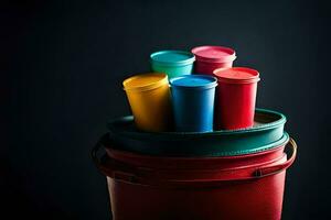 a bucket of colorful plastic cups on a black background. AI-Generated photo