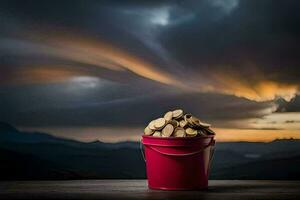 un Cubeta de oro monedas en un mesa con un Tormentoso cielo. generado por ai foto