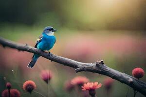 a blue bird sits on a branch in a field. AI-Generated photo