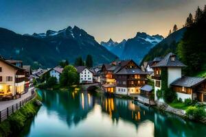 photo wallpaper the sky, mountains, water, houses, lake, mountains, europe, sw. AI-Generated