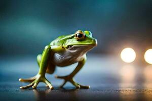 a frog is standing on a table with a lit candle in the background. AI-Generated photo