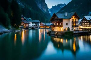 the village of alpin in the alps at dusk. AI-Generated photo