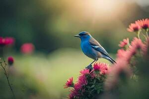a blue bird sits on a flower in the sun. AI-Generated photo