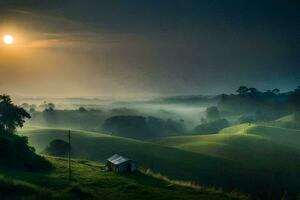 the sun rises over a farm in the middle of a green valley. AI-Generated photo