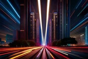 a city street at night with light trails. AI-Generated photo