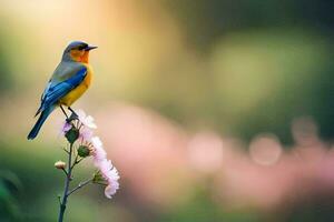 un azul y amarillo pájaro es encaramado en un rosado flor. generado por ai foto