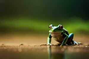 a frog sitting on the ground in front of a green background. AI-Generated photo