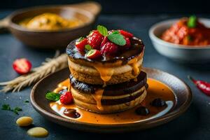 a stack of pancakes with berries and sauce. AI-Generated photo
