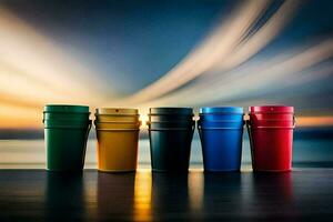 five colorful trash cans are lined up against a background of water. AI-Generated photo