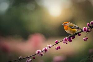 a bird sits on a branch with pink flowers. AI-Generated photo