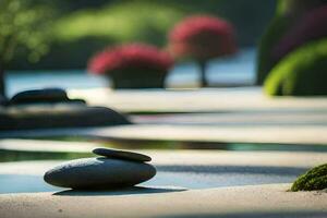 a stone is sitting on the ground next to a pond. AI-Generated photo