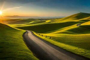 the sun rises over a green hill with a road. AI-Generated photo