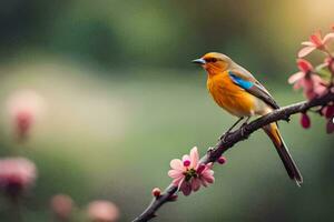 a small bird sits on a branch with pink flowers. AI-Generated photo