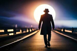 un hombre en un sombrero y traje camina en un ferrocarril pista a noche. generado por ai foto