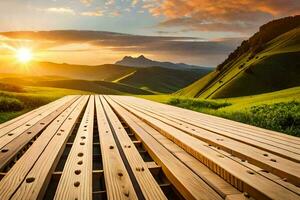 a wooden walkway in the mountains with the sun setting. AI-Generated photo