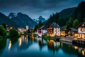 un río y casas en el montañas a noche. generado por ai foto