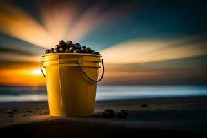 un Cubeta de nueces en el playa a puesta de sol. generado por ai foto