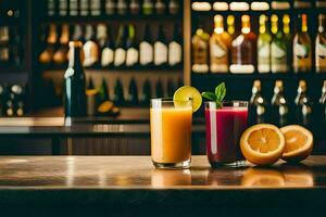 two glasses of juice sit on a bar counter. AI-Generated photo