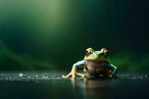 a frog sitting on the ground with a green background. AI-Generated photo