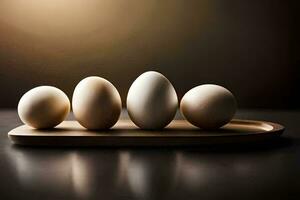 five eggs on a wooden tray. AI-Generated photo