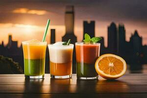 three different drinks with oranges and juice on a table. AI-Generated photo