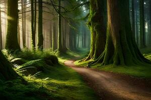 a path through a forest with trees and grass. AI-Generated photo