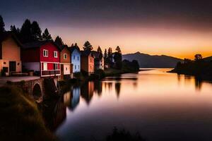 un río y casas en el puesta de sol. generado por ai foto