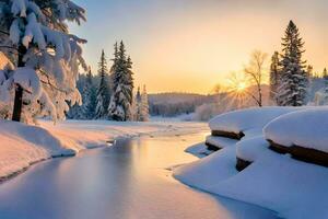 photo wallpaper the sky, snow, trees, river, sun, winter, the forest, the. AI-Generated