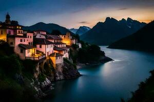 a village sits on the edge of a lake at dusk. AI-Generated photo