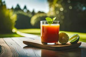 a glass of juice with lime and mint on a wooden table. AI-Generated photo