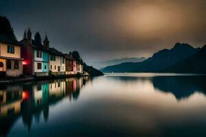 un lago y casas en el montañas a noche. generado por ai foto