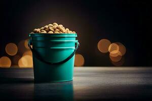 a bucket of peanuts on a table. AI-Generated photo