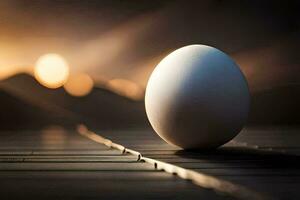 an egg sitting on a wooden floor with a light behind it. AI-Generated photo