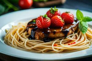 a plate of spaghetti with meat and strawberries. AI-Generated photo