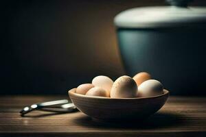 a bowl of eggs and a spoon on a table. AI-Generated photo