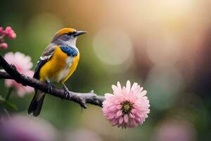 a bird sits on a branch with pink flowers. AI-Generated photo