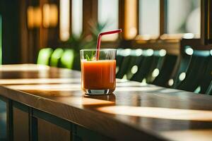 a glass of orange juice sitting on a wooden table. AI-Generated photo