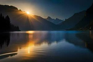 the sun rises over a mountain lake in the mountains. AI-Generated photo