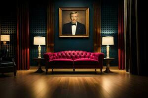 a room with a red couch and a portrait of a man. AI-Generated photo