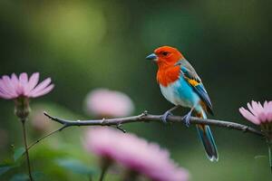 a colorful bird sits on a branch in front of pink flowers. AI-Generated photo