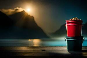 two buckets of nuts sit on a wooden table in front of a lake. AI-Generated photo