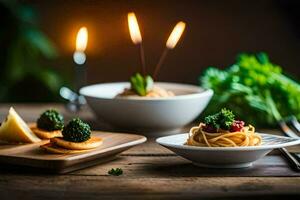 spaghetti and bread with candles on a wooden table. AI-Generated photo