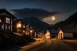 a street in the mountains with a full moon. AI-Generated photo